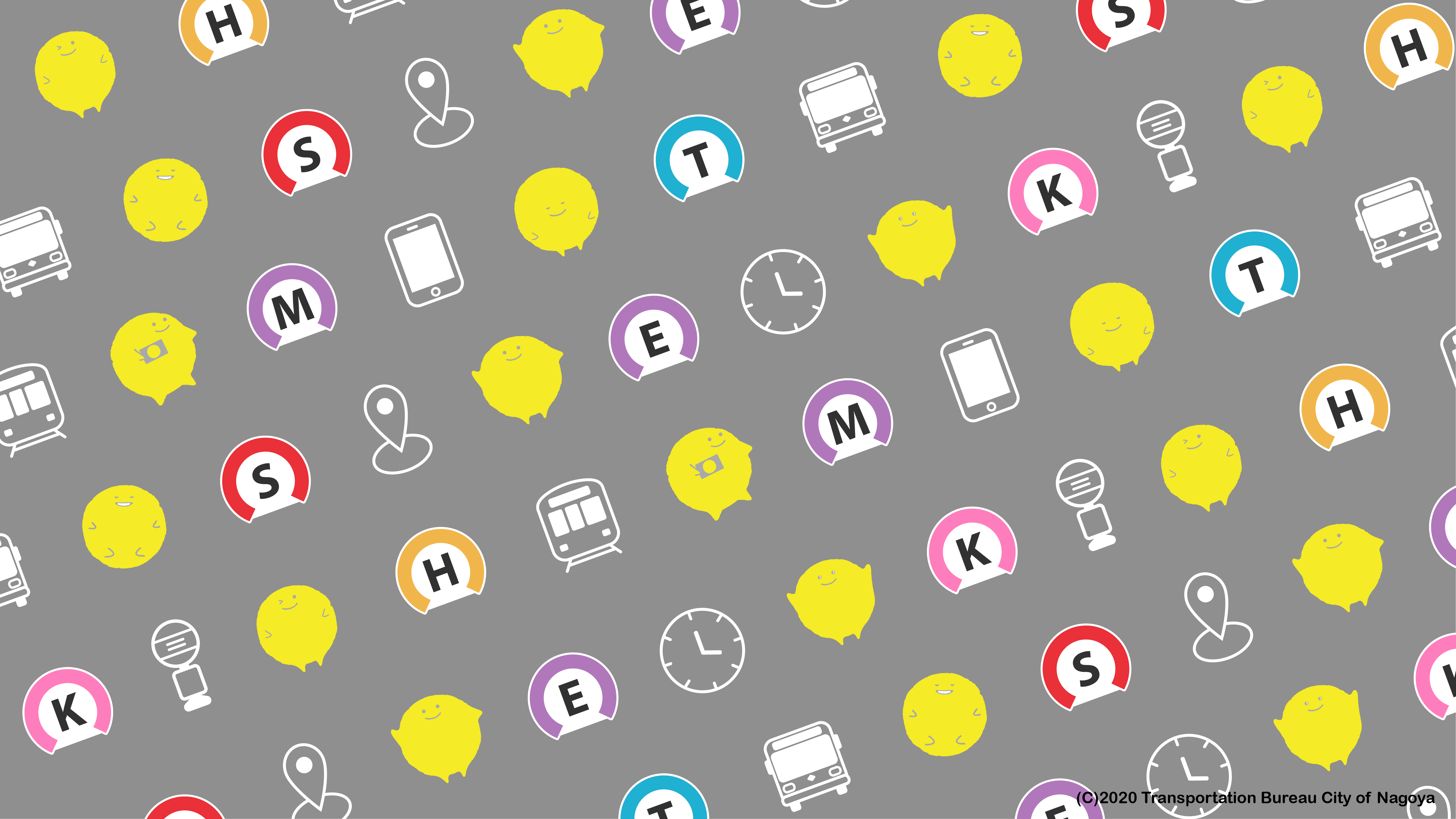 マナカとシンボルマークの壁紙見本です。地下鉄各路線のシンボルマークとマナカがたくさん並んだデザインです。