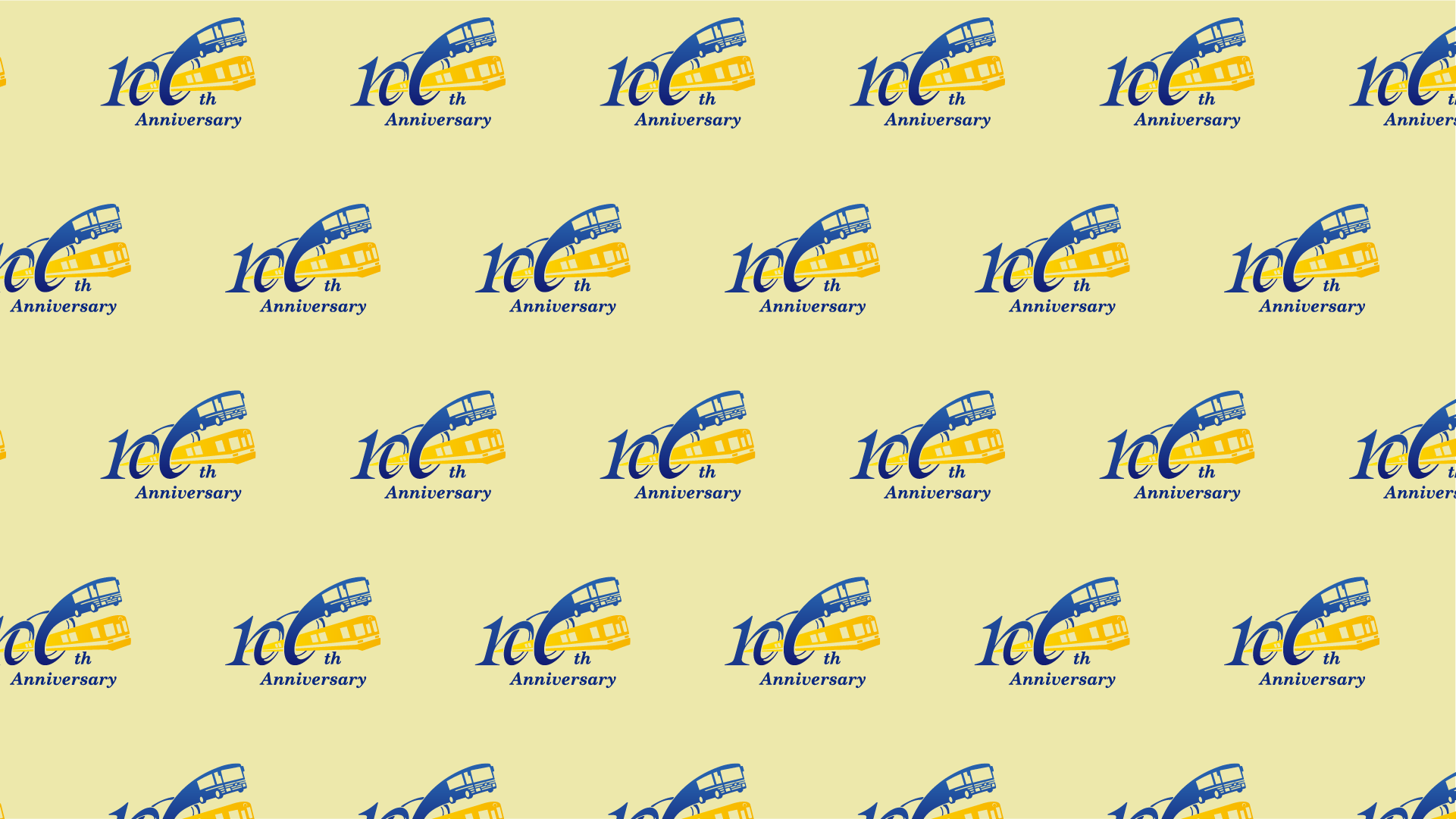 模様の壁紙見本です。黄色の背景に、市営交通100周年のロゴマークがたくさん並んでいます。