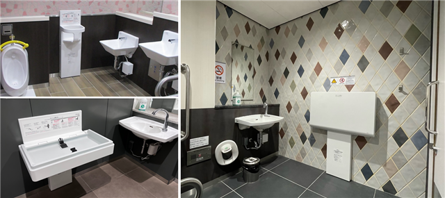 ベビーベッドを含む多機能トイレ内の写真、および一般トイレ内のベビーチェアの写真